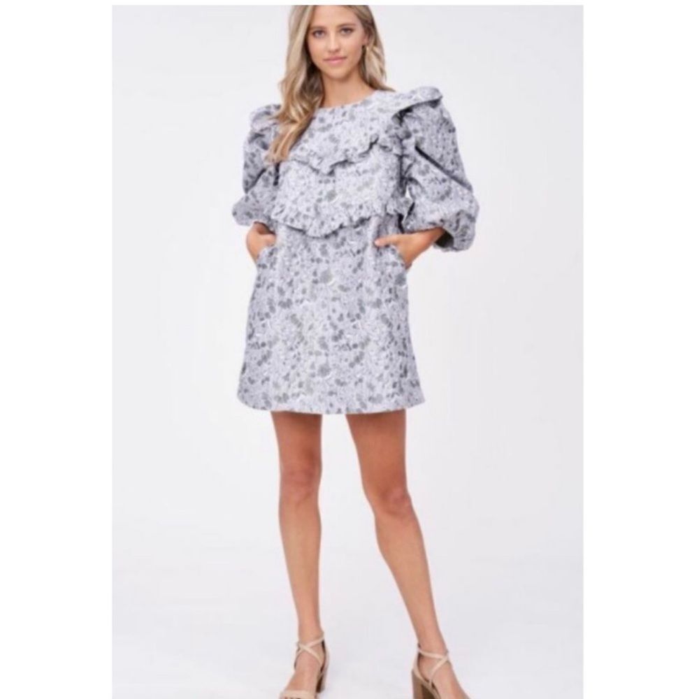 En Saison Michelle Purple Floral Jacquard Puff Sleeve Mini Dress Victorian L NWT